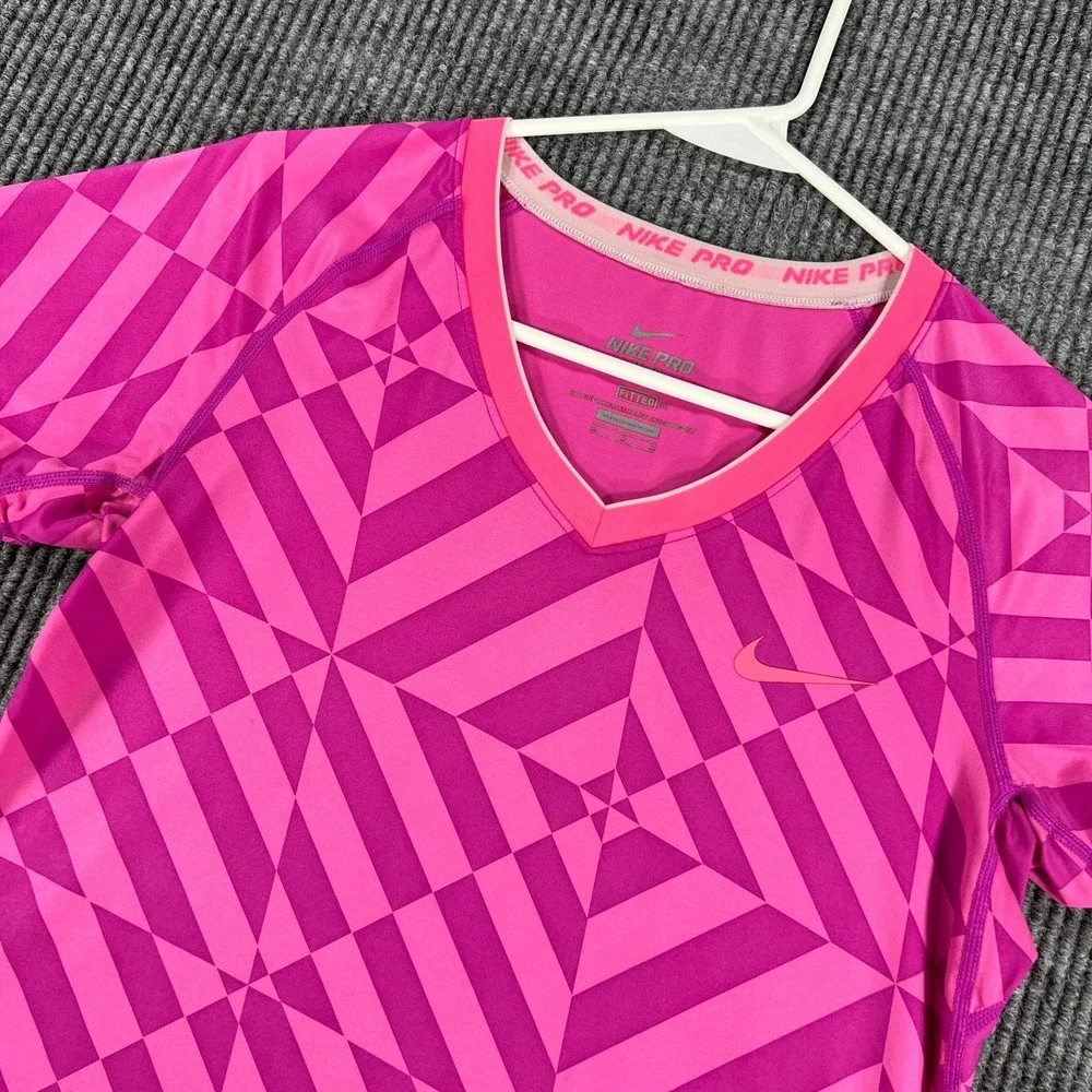 Nike Pro Dri Fit Shirt Womens Medium Pink Geometric Short Sleeve Fitted Training